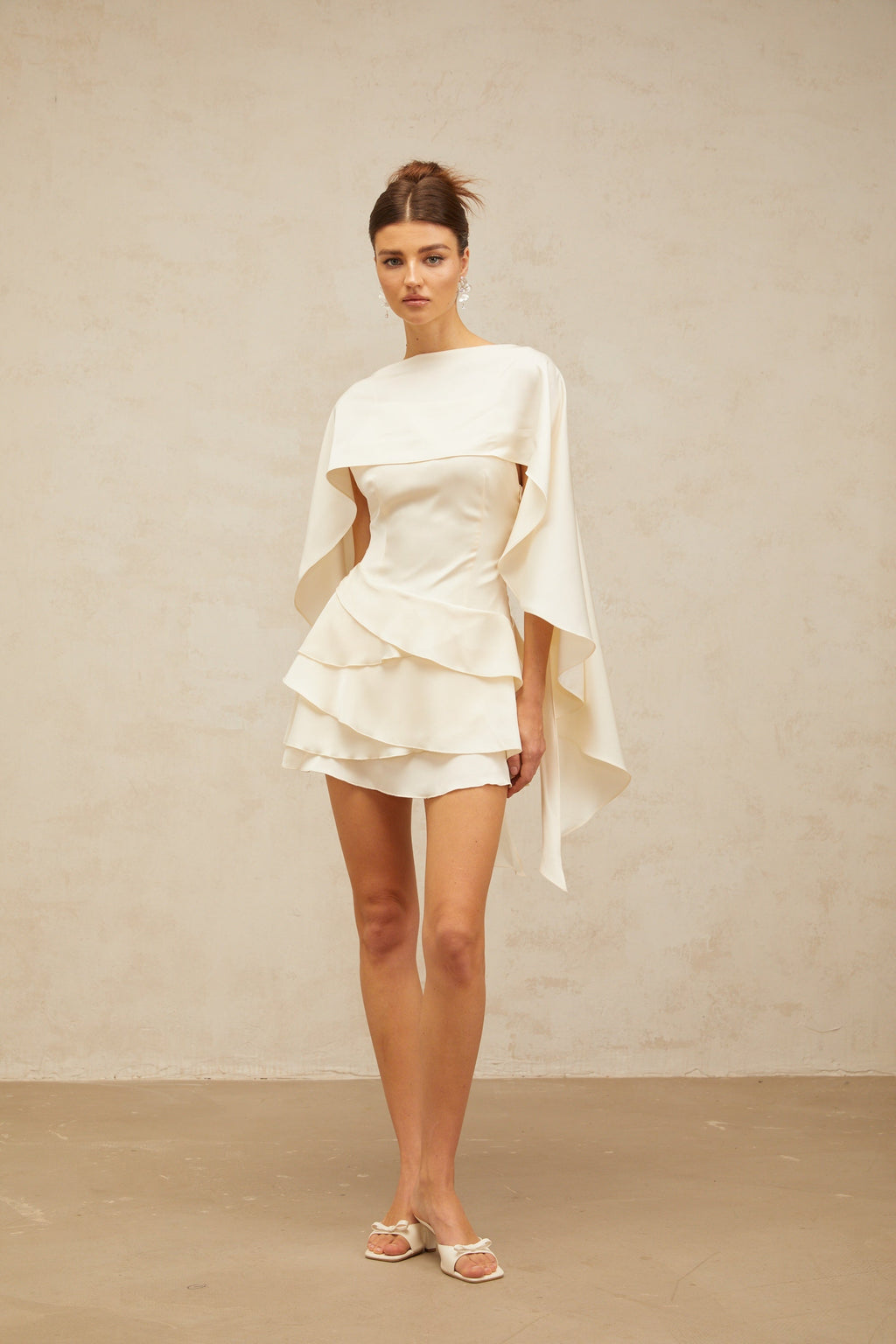 Satin Mini Dress with Layered Ruffles and Shawl Panel