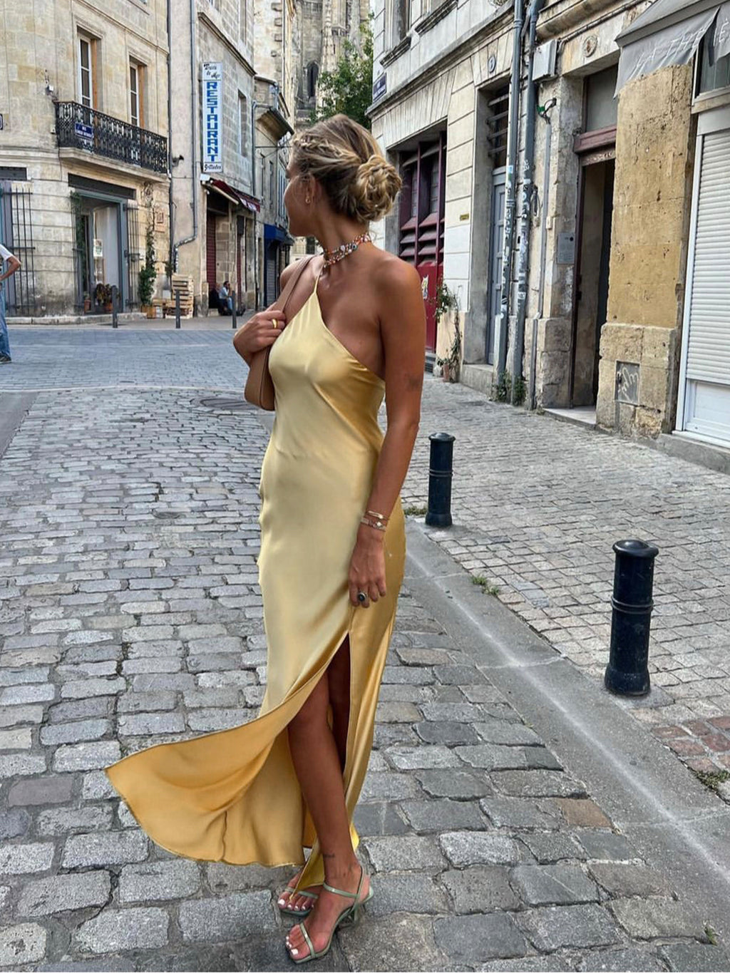 Satin One Shoulder Maxi Dress with Side Slit