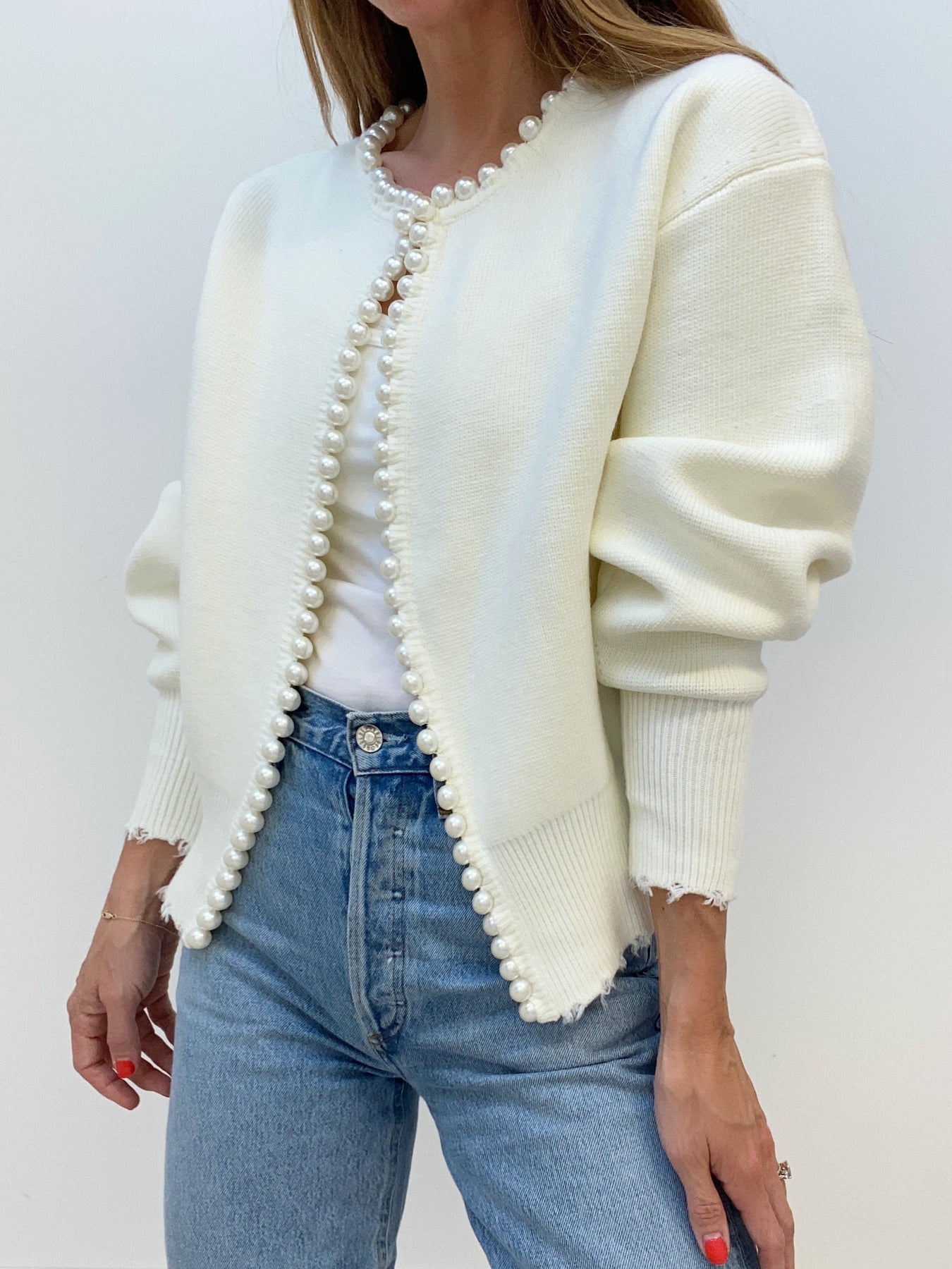 Knit Cardigan with Pearl Trim and Distressed Hem