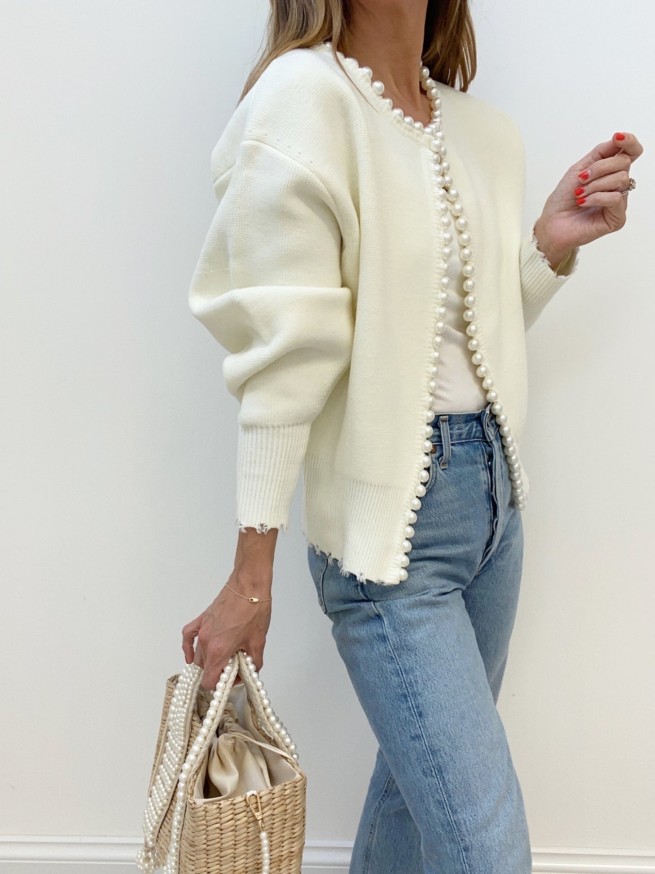 Knit Cardigan with Pearl Trim and Distressed Hem