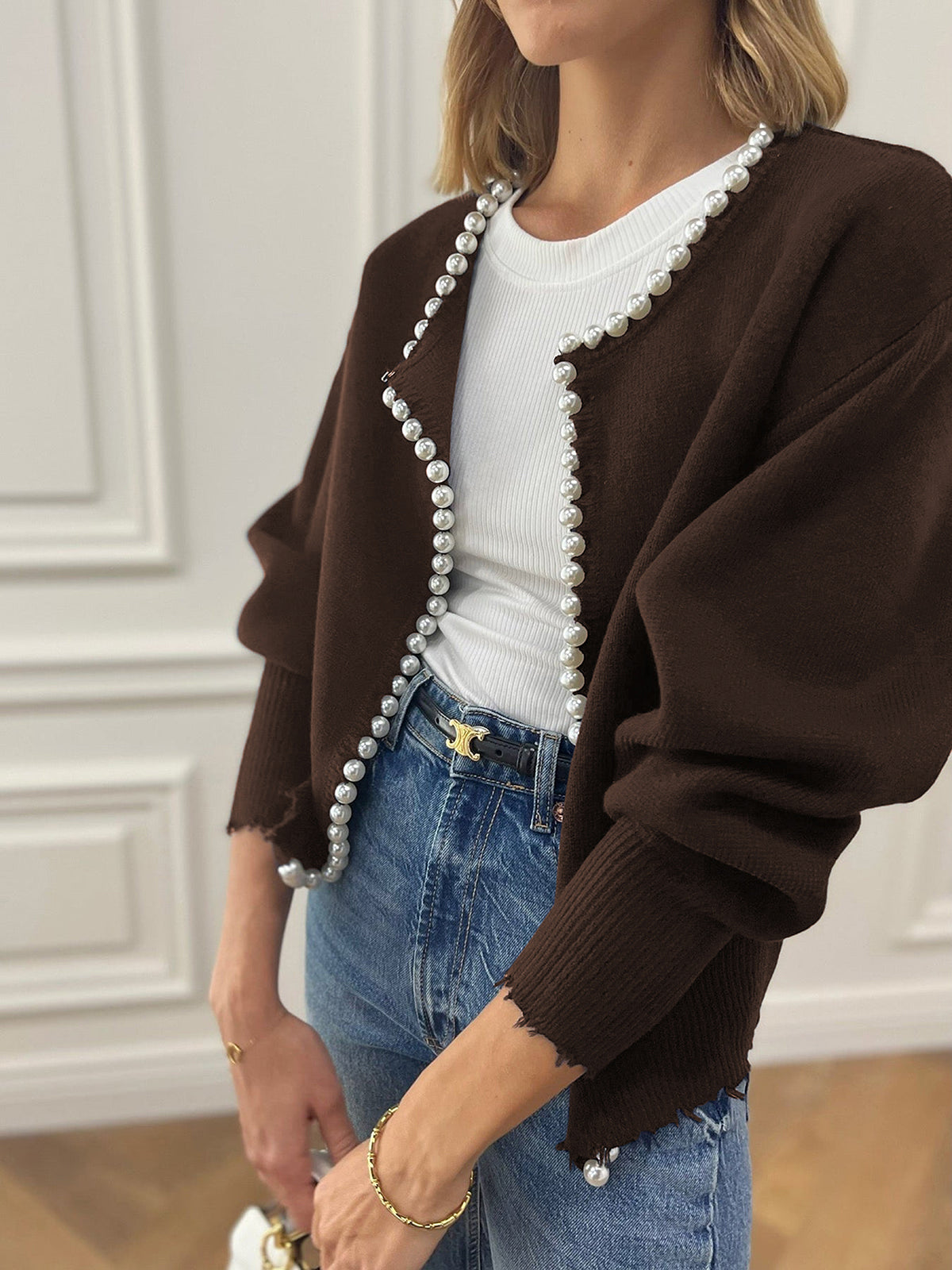 Knit Cardigan with Pearl Trim and Distressed Hem
