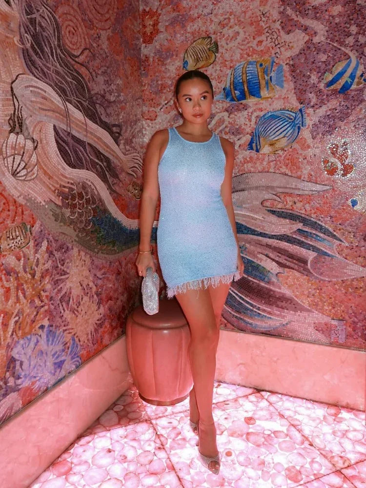 Sheer Sequin Knit Mini Dress