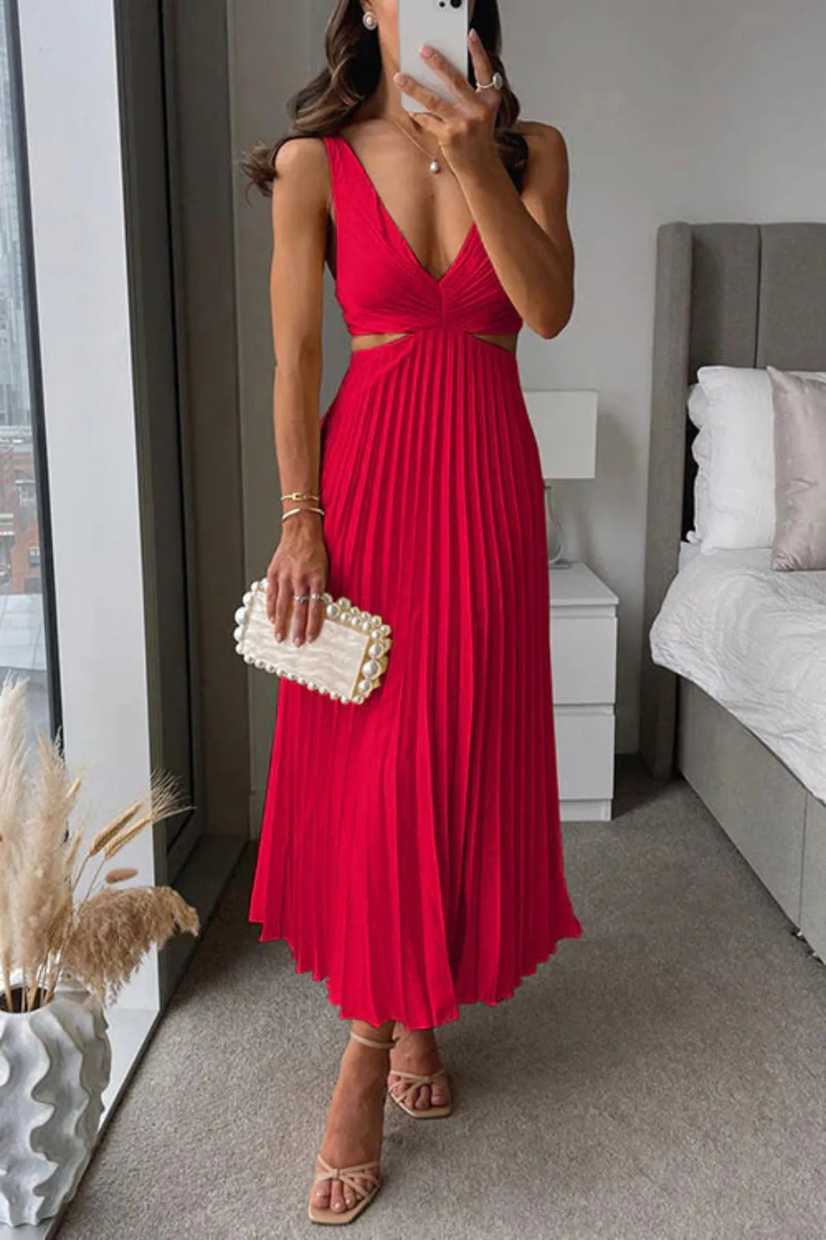 Pleated Maxi Dress with Cut Out Waist
