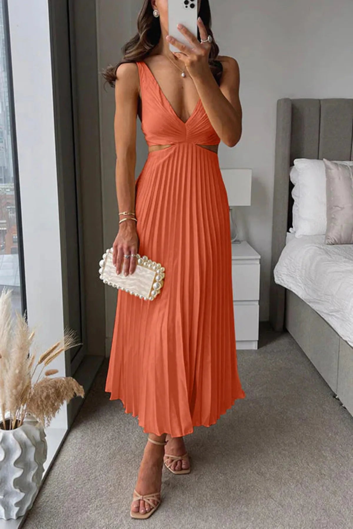 Pleated Maxi Dress with Cut Out Waist