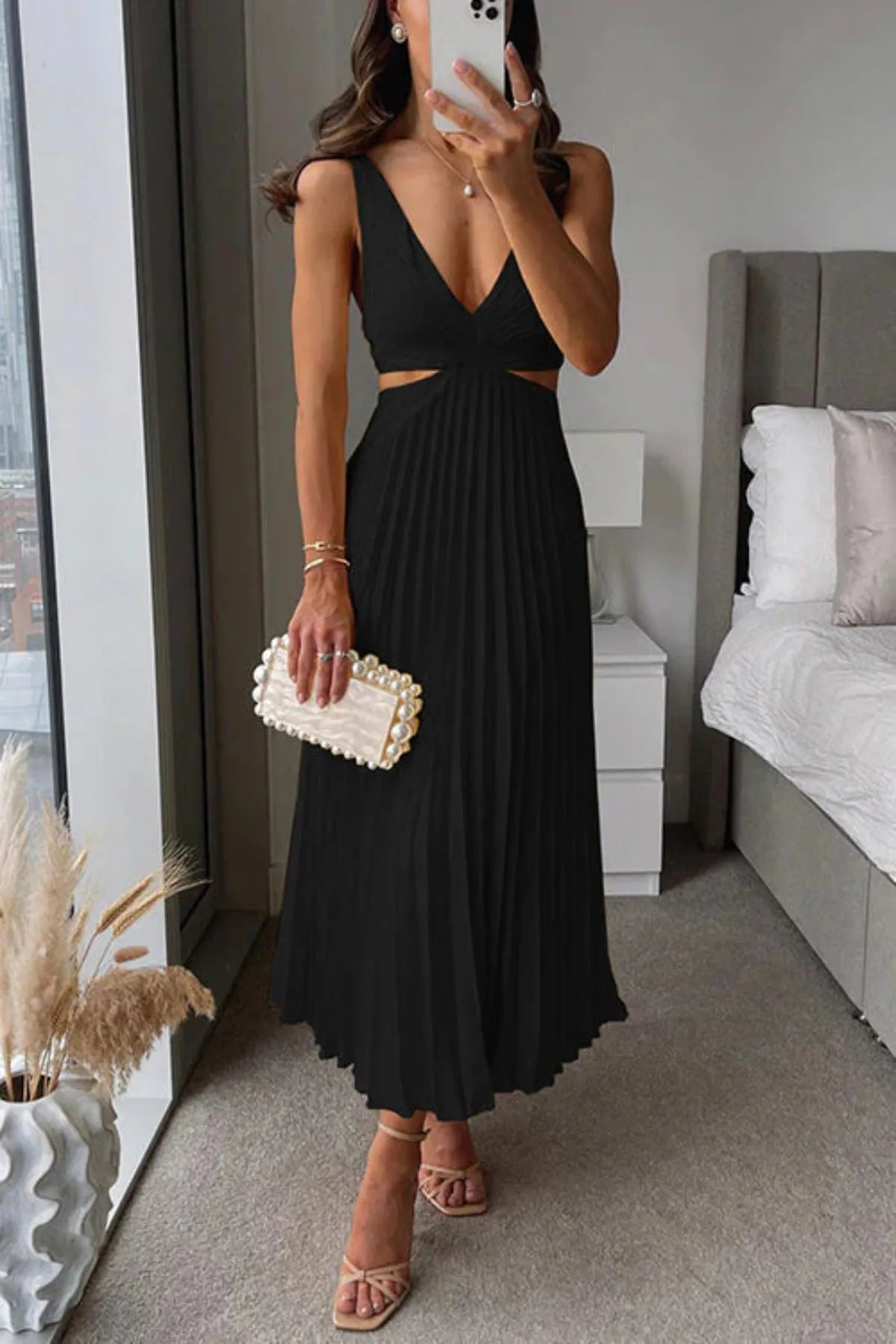 Pleated Maxi Dress with Cut Out Waist
