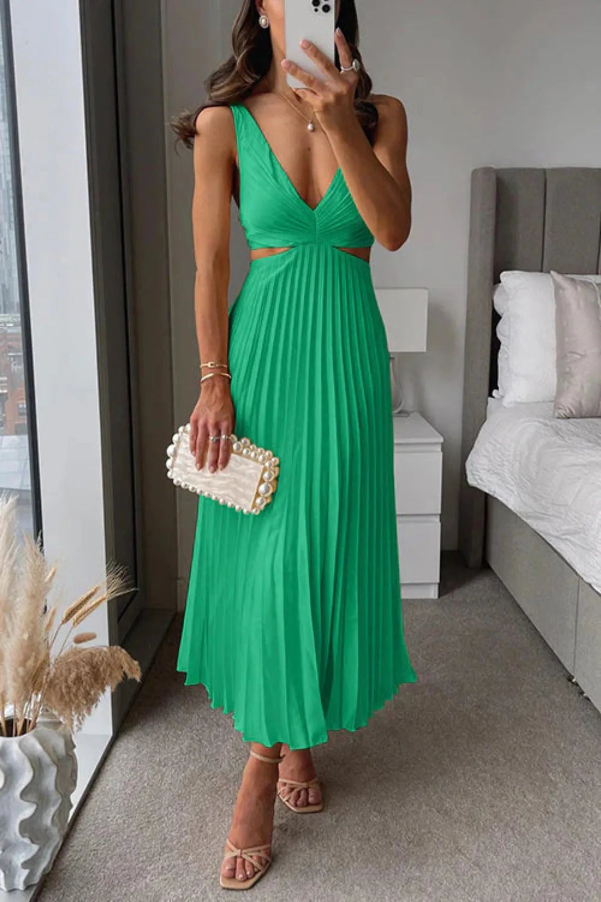 Pleated Maxi Dress with Cut Out Waist