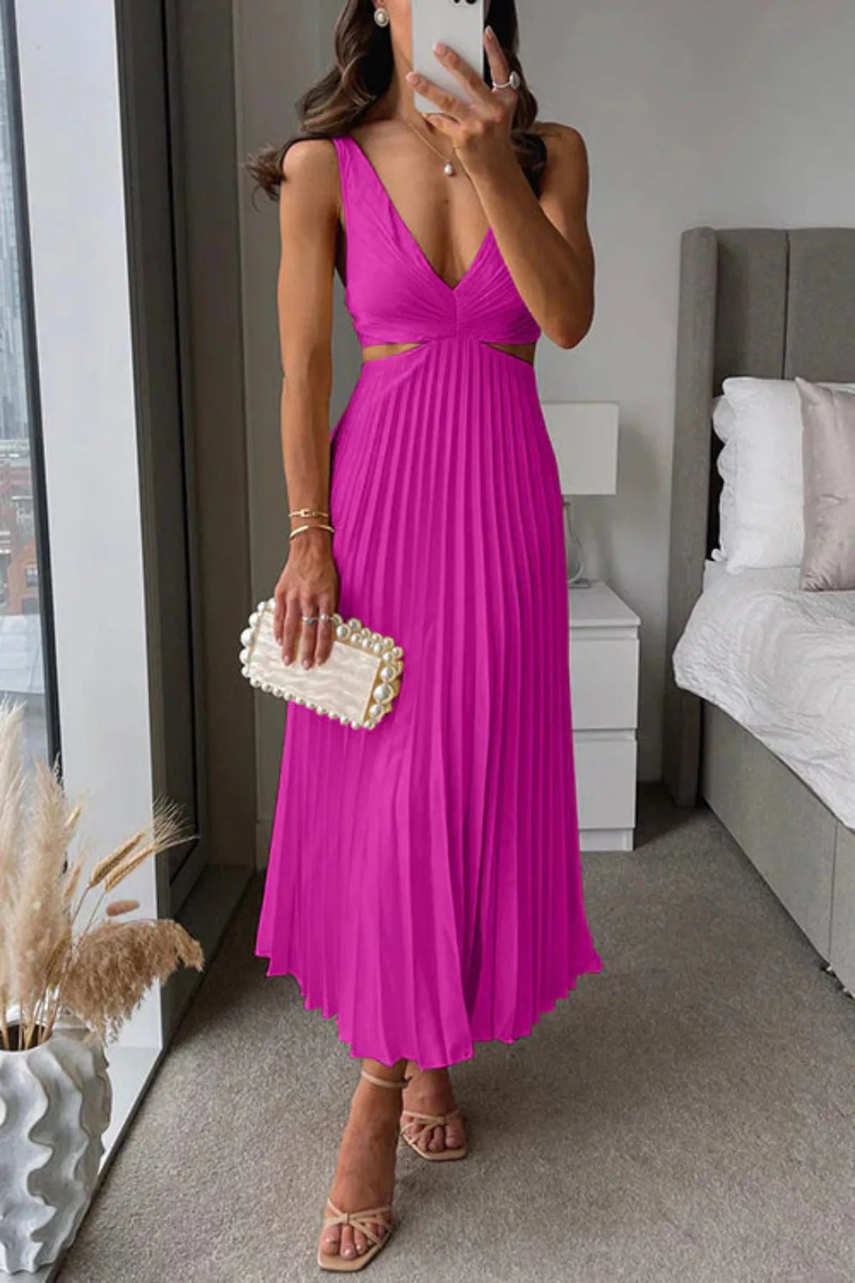 Pleated Maxi Dress with Cut Out Waist