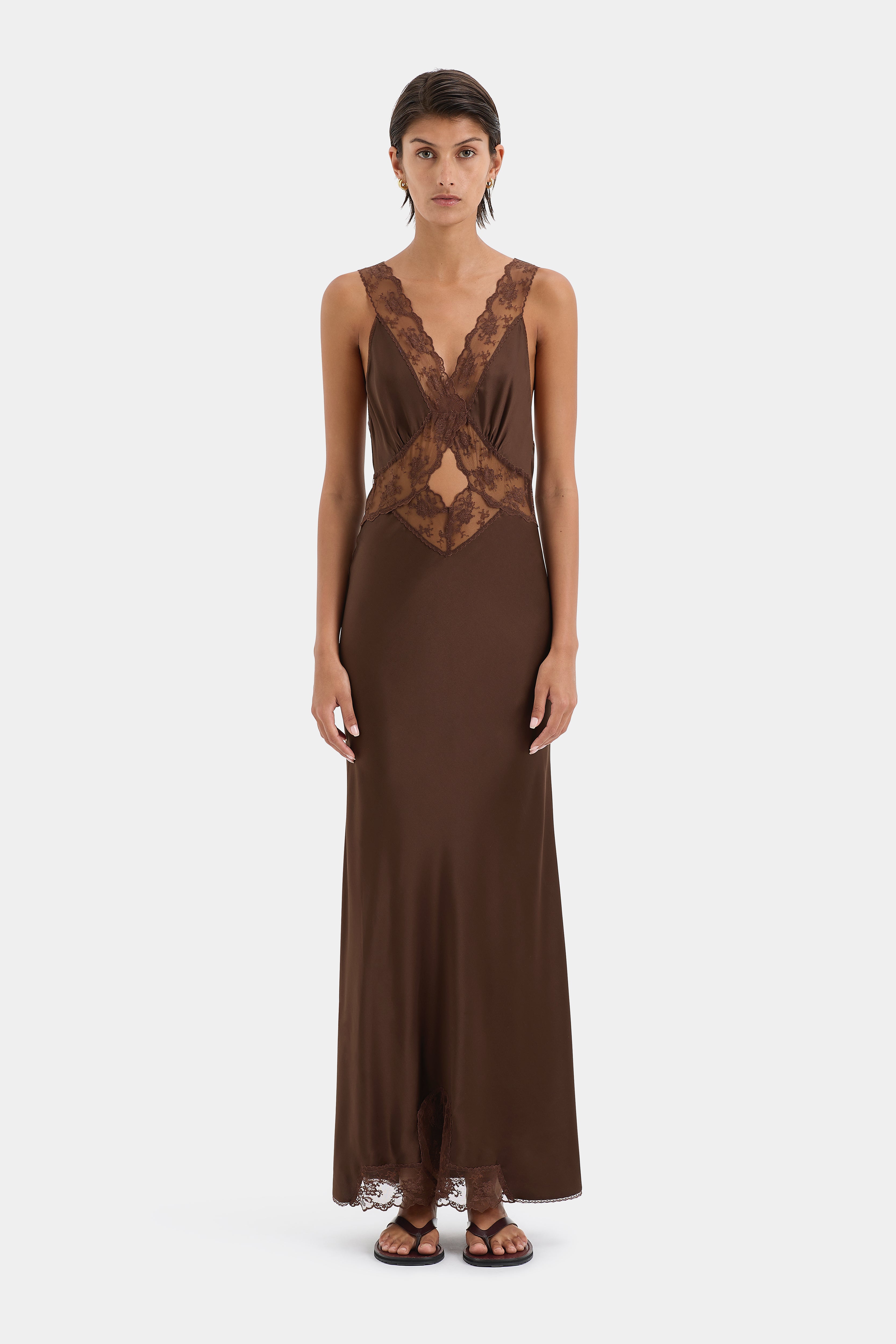 Silk Maxi Dress with Lace Cut Out Detailing