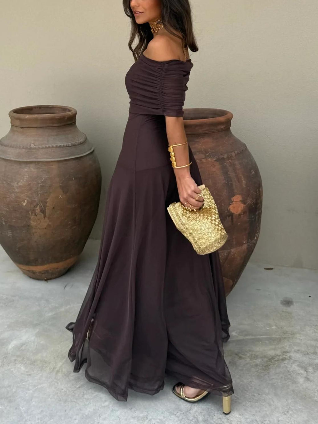 Off Shoulder Chiffon Maxi Dress