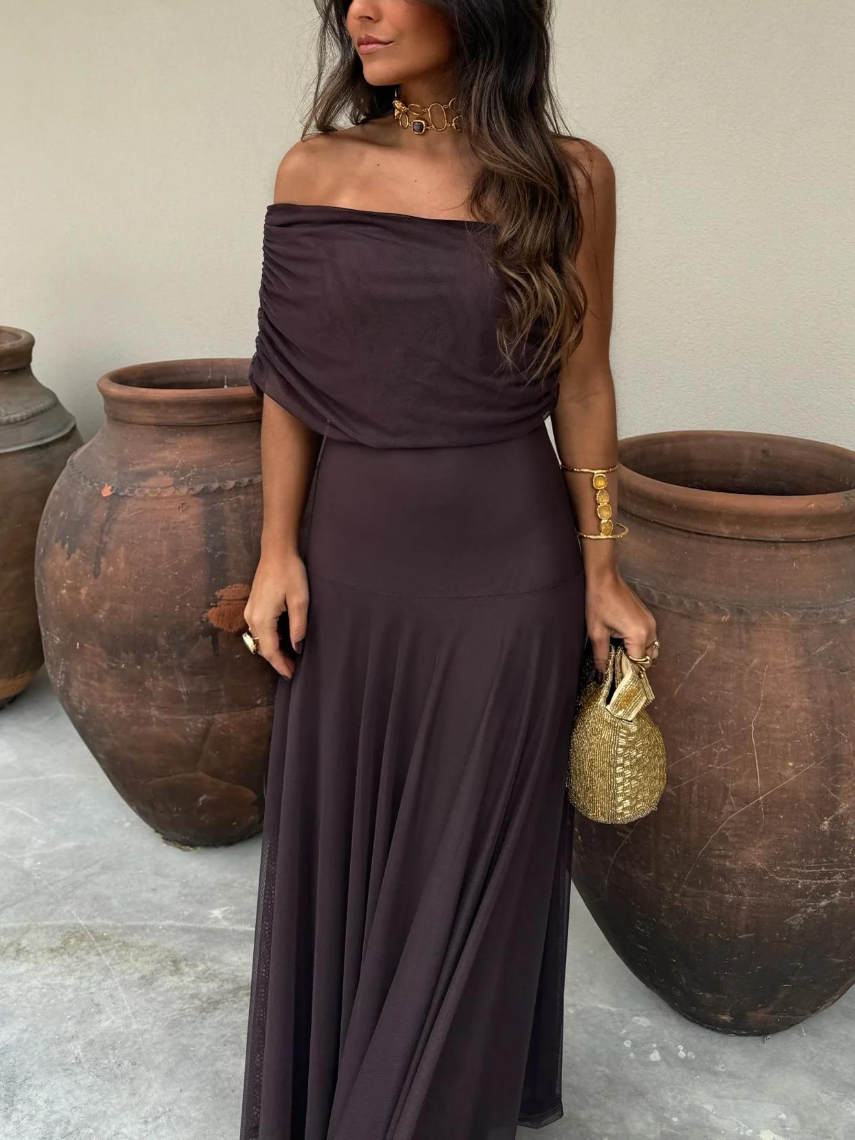 Off Shoulder Chiffon Maxi Dress