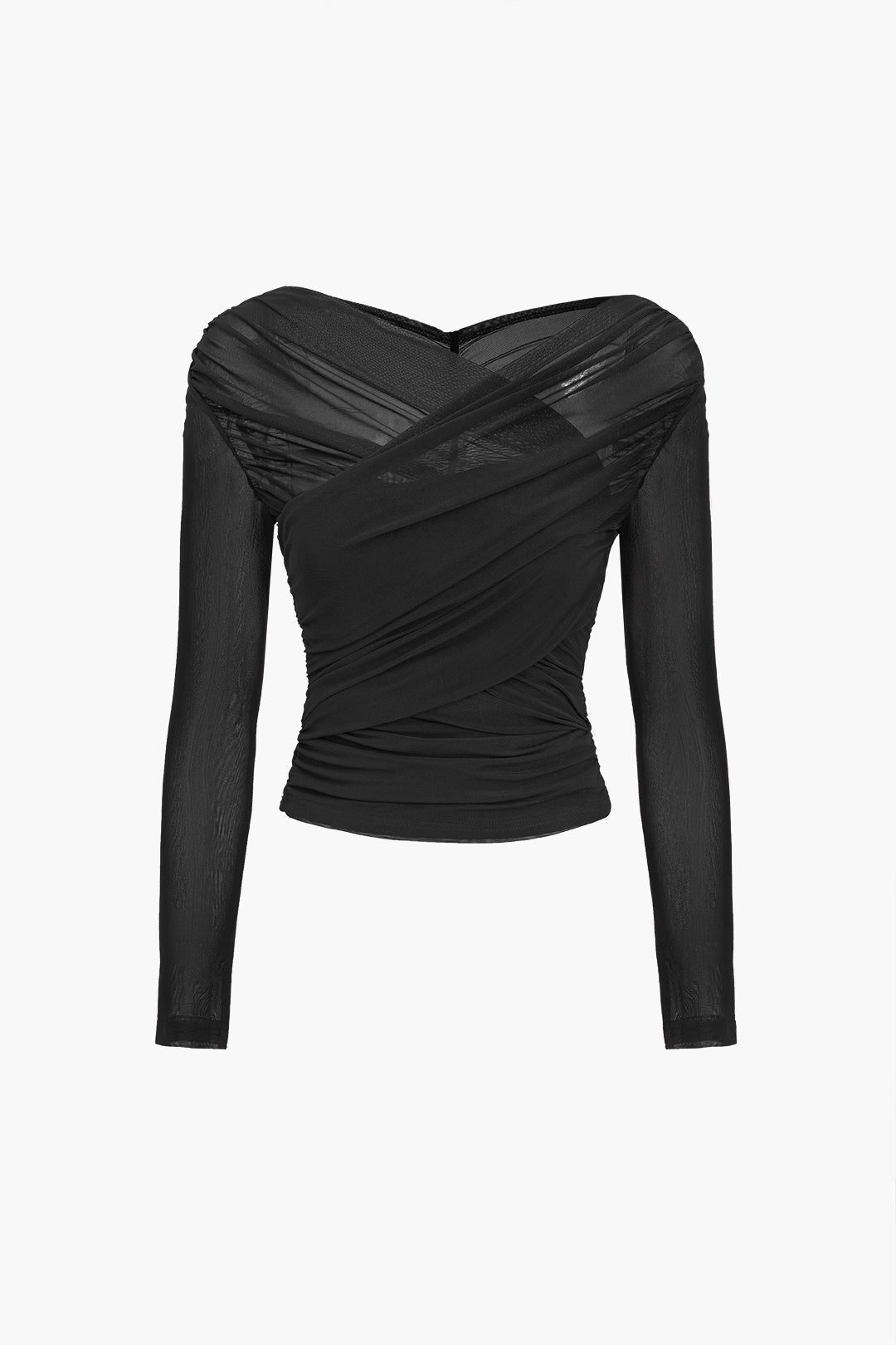 Sheer Mesh Long Sleeve Top with Ruched Detailing